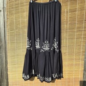 Bila Rayon Black Embroidered Tiered Bohemian Skirt Sequins Large